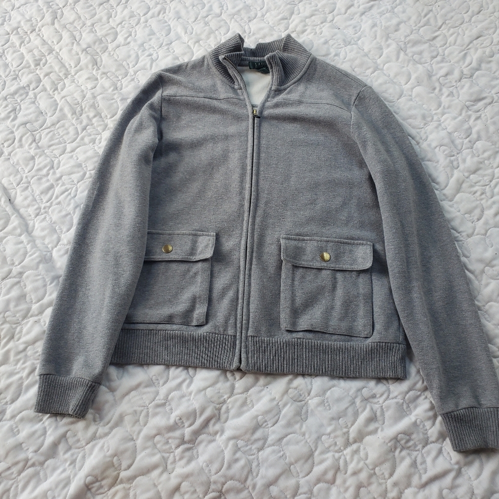Lauren Ralph Lauren 90s gray knit full zip jacket size small pockets